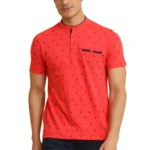 Generic Men's Casual Cotton Printed Mandarin Collar Half Sleeve T-Shirt (Red)