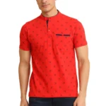 Men's Red Cotton Printed Mandarin Collar Half Sleeve T-Shirt