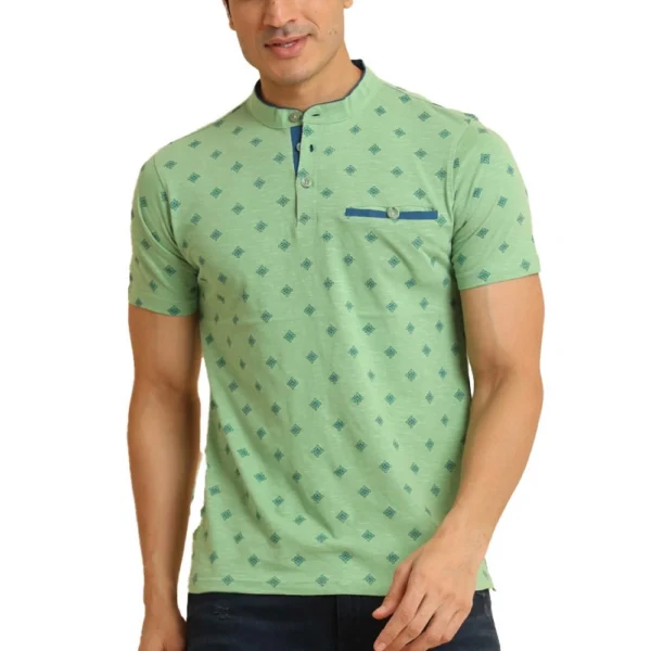 Generic Men's Casual Cotton Printed Mandarin Collar Half Sleeve T-Shirt (LightGreen)