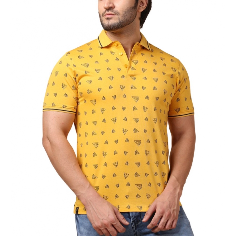 Mustard Men's Casual Cotton Printed Polo Neck Half Sleeve T-Shirt