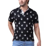 Men's Black Printed Polo Neck Half Sleeve T-Shirt