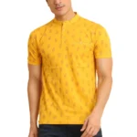 Mustard Men's Printed Mandarin Collar Half Sleeve T-Shirt