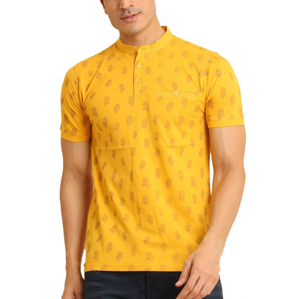 Mustard Men's Printed Mandarin Collar Half Sleeve T-Shirt