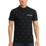 Navy Men's Printed Mandarin Collar Half Sleeve T-Shirt
