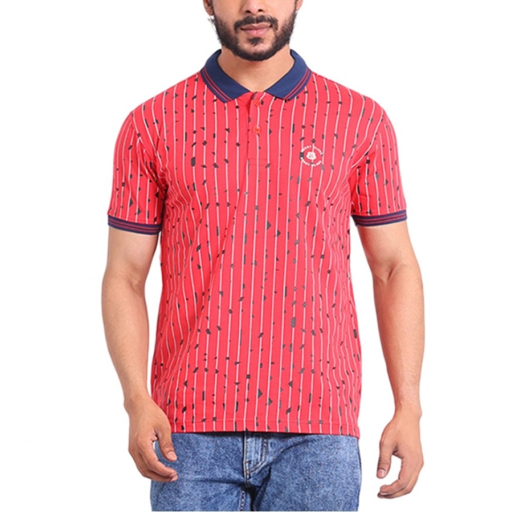 Men's Red Printed Polo Neck Half Sleeve T-Shirt