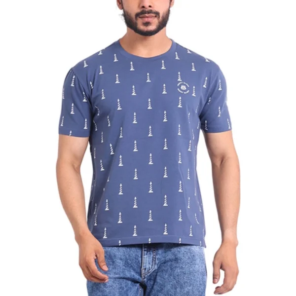 Men's Blue Printed Round Neck Half Sleeve T-Shirt