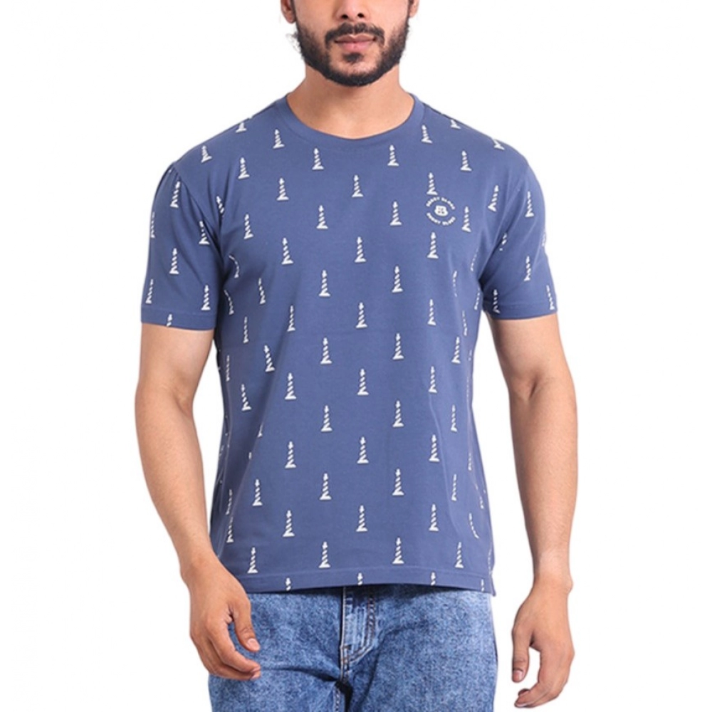 Men's Blue Printed Round Neck Half Sleeve T-Shirt