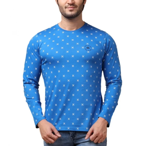 Men's blue printed full sleeve cotton T-shirt