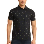 Men's Black Polo Neck Printed Cotton T-Shirt