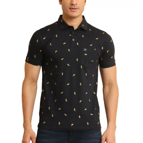 Men's Black Polo Neck Printed Cotton T-Shirt