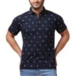 Generic Men's Casual Cotton Printed Polo Neck Half Sleeve T-Shirt (Navy)