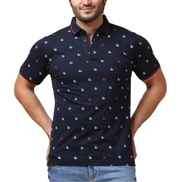 Generic Men's Casual Cotton Printed Polo Neck Half Sleeve T-Shirt (Navy)