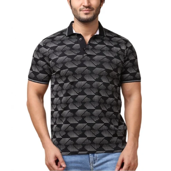 Generic Men's Casual Cotton Printed Polo Neck Half Sleeve T-Shirt (Black)