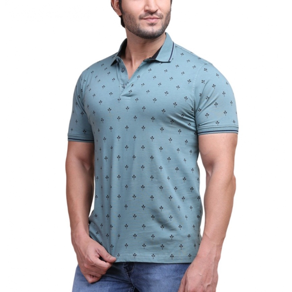 Men's Grey Printed Polo Neck Half Sleeve T-Shirt