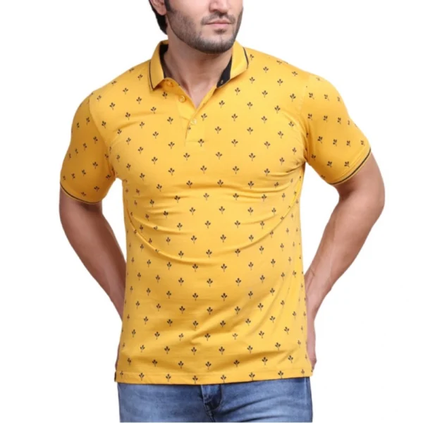 Men's Mustard Printed Polo Neck Half Sleeve T-Shirt