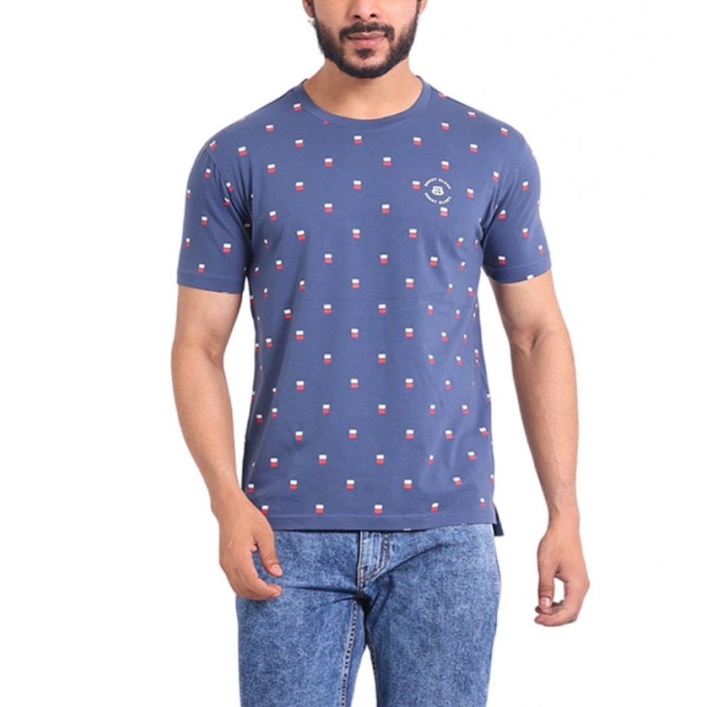 Men's Blue Printed Round Neck Half Sleeve T-Shirt