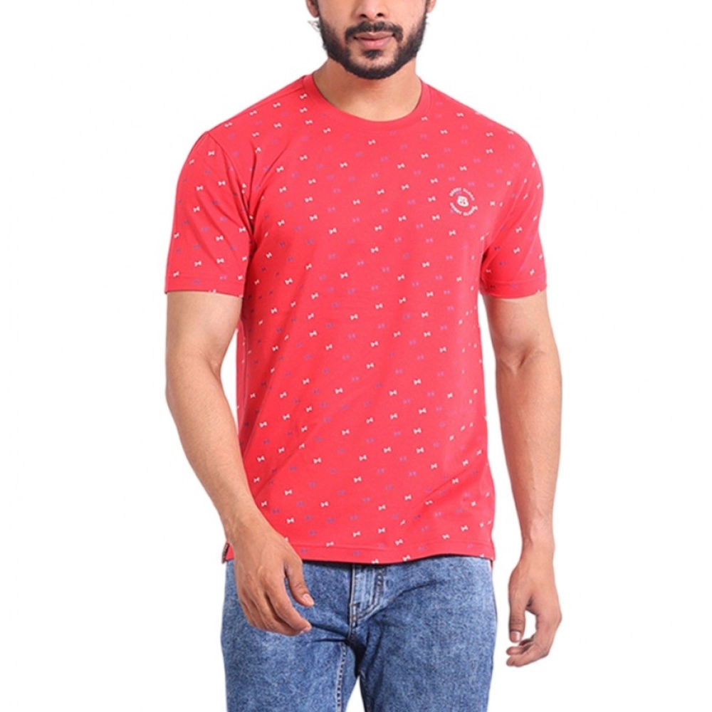 Men's Red Printed Round Neck Half Sleeve T-Shirt