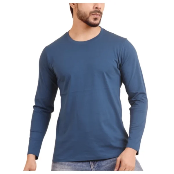 Generic Men's Casual Cotton Solid Round Neck Full Sleeve T-Shirt (Blue)