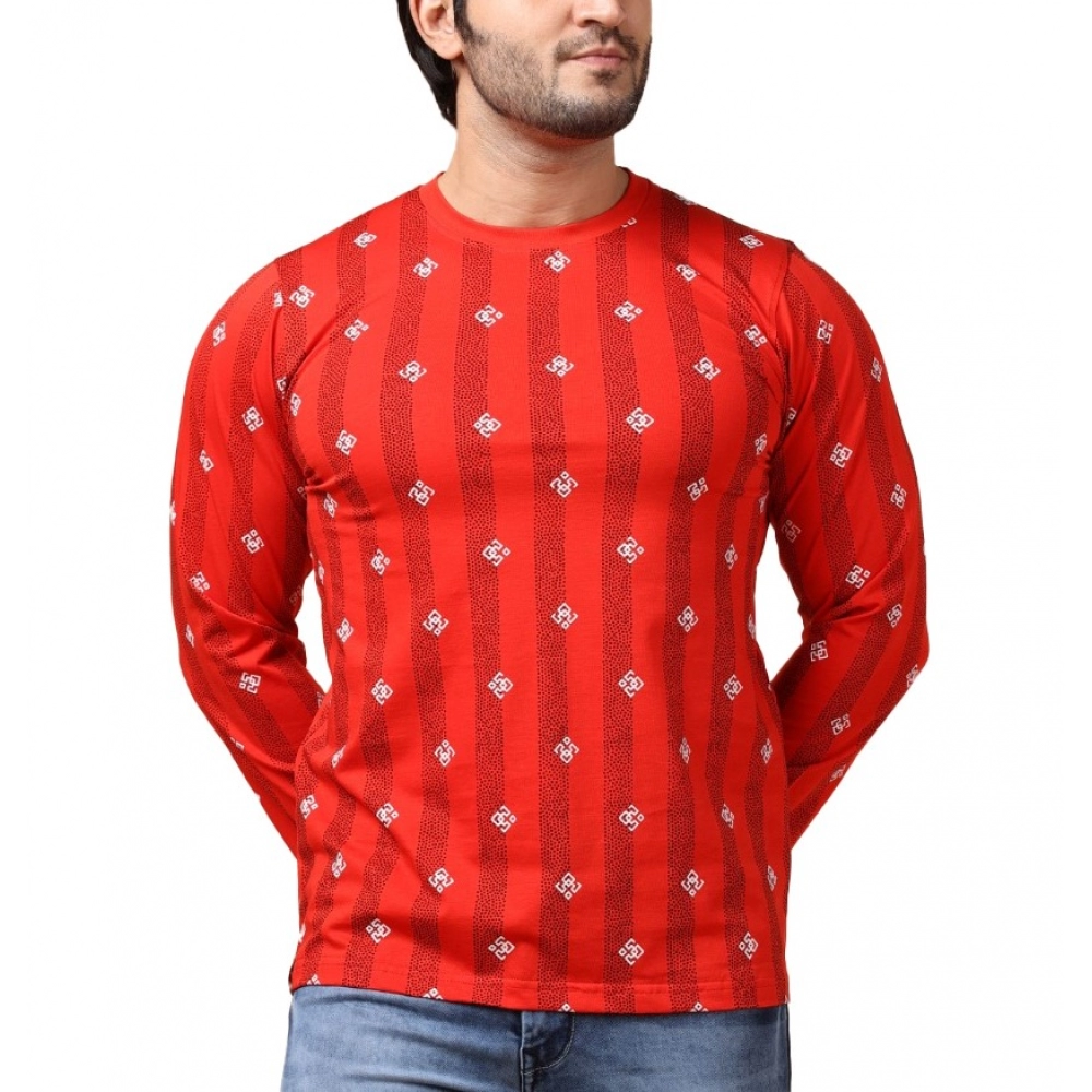 Men's red printed full sleeve cotton T-shirt