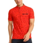 Red Men's Printed Mandarin Collar Half Sleeve T-Shirt