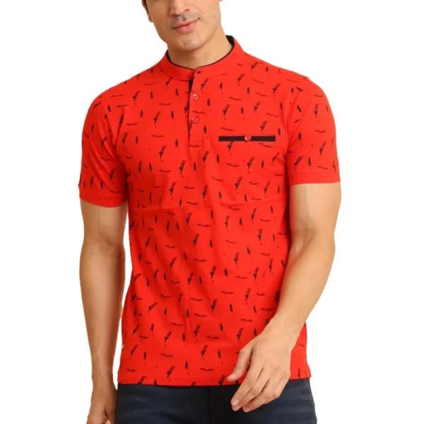 Red Men's Printed Mandarin Collar Half Sleeve T-Shirt