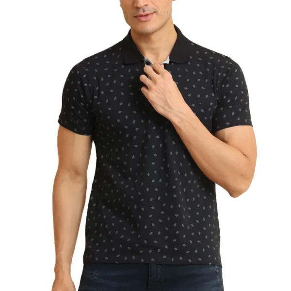 Generic Men's Casual Cotton Printed Polo Neck Half Sleeve T-Shirt (Black)
