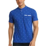 Generic Men's Casual Cotton Printed Mandarin Collar Half Sleeve T-Shirt (Blue)