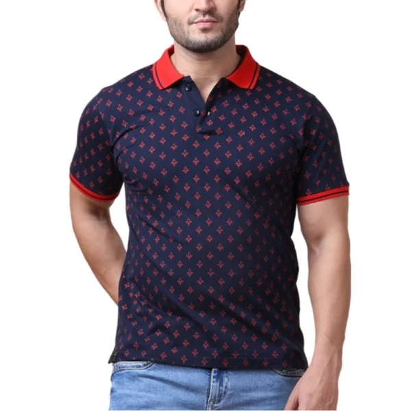 Generic Men's Casual Cotton Printed Polo Neck Half Sleeve T-Shirt (Navy)