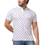White Men's Casual Cotton Printed Polo Neck Half Sleeve T-Shirt