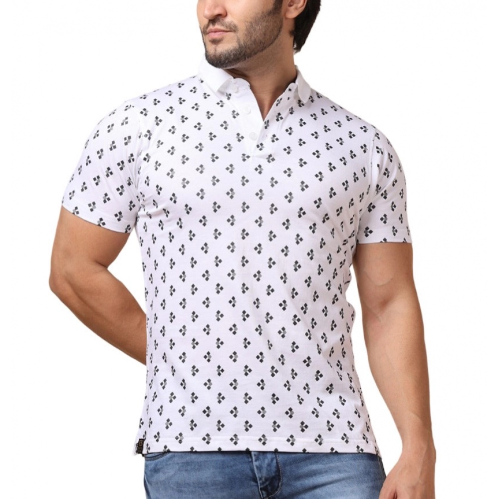 White Men's Casual Cotton Printed Polo Neck Half Sleeve T-Shirt