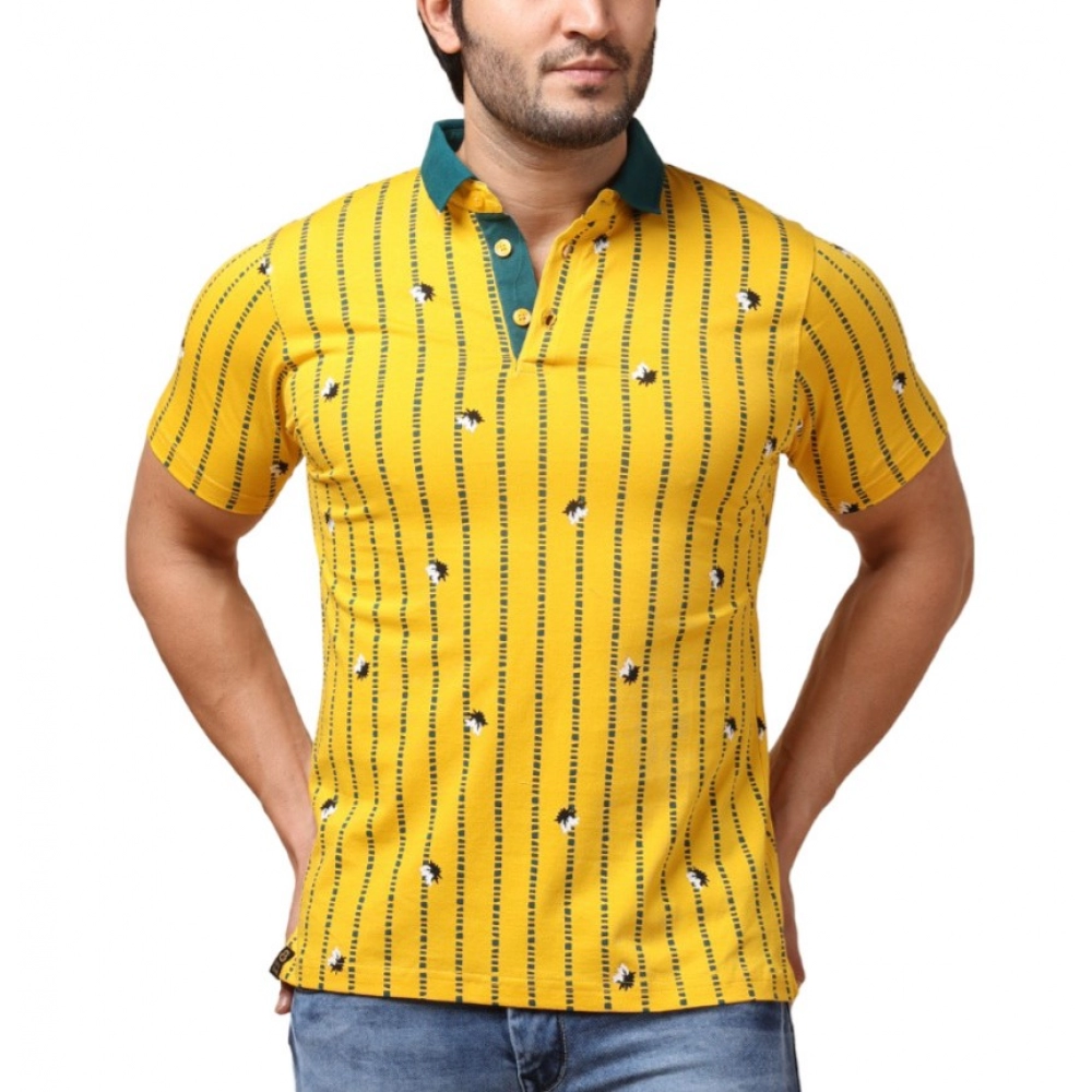 Yellow Men's Casual Cotton Printed Polo Neck Half Sleeve T-Shirt
