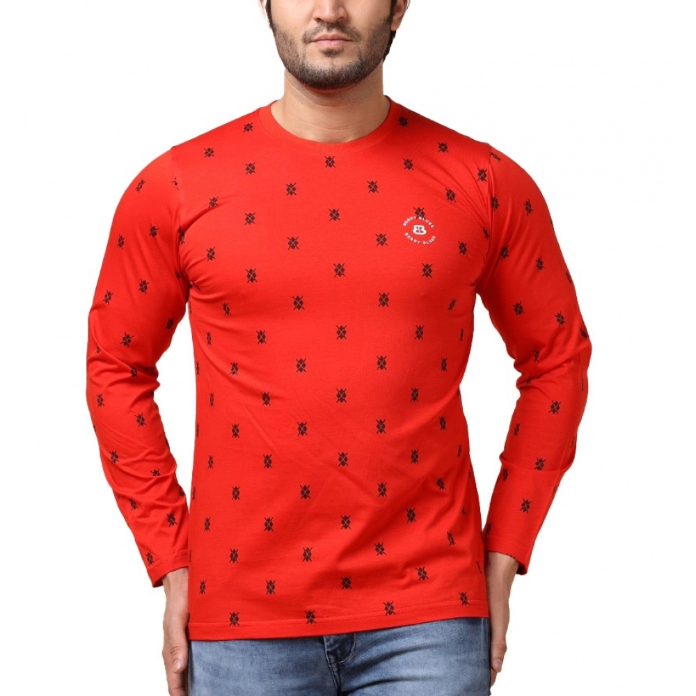 Men's red printed full sleeve cotton T-shirt
