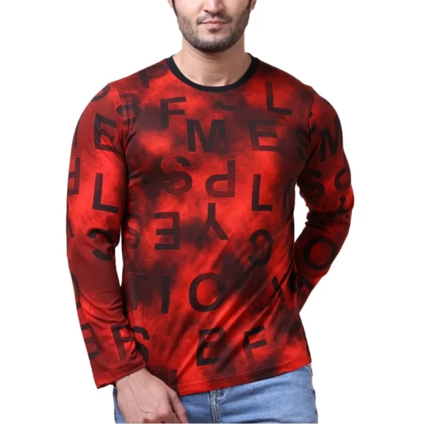 Generic Men's Casual Cotton Printed Round Neck Full Sleeve T-Shirt (Red)