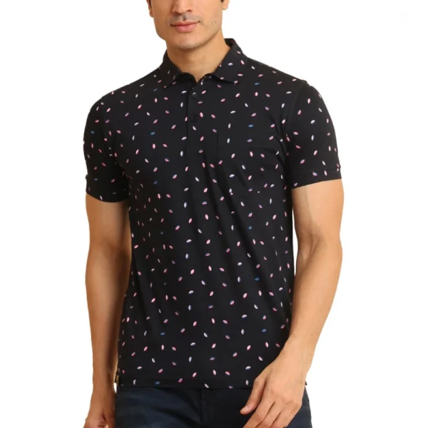 Men's Black Polo Neck Printed Cotton T-Shirt