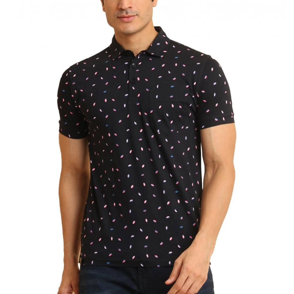 Men's Black Polo Neck Printed Cotton T-Shirt