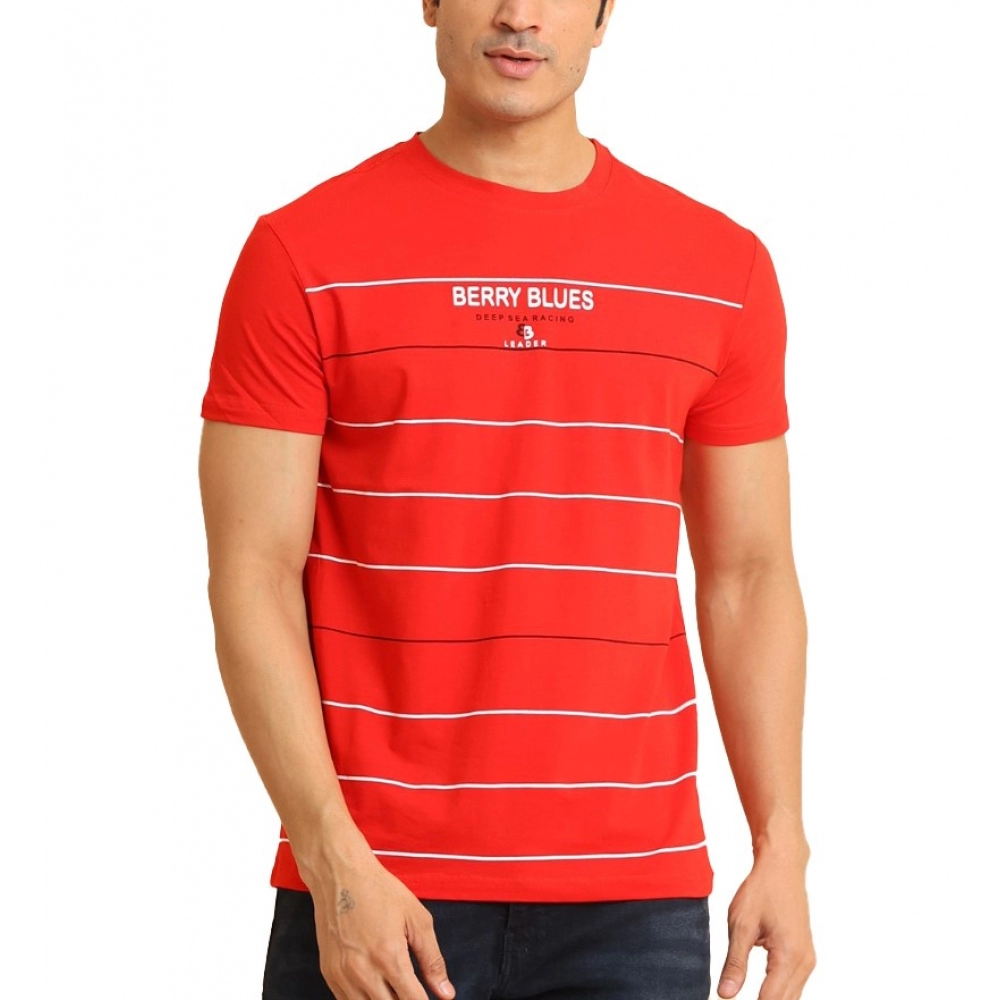 Men's Red Round Neck Printed Cotton T-Shirt