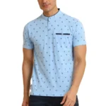 Generic Men's Casual Cotton Printed Mandarin Collar Half Sleeve T-Shirt (Skyblue)
