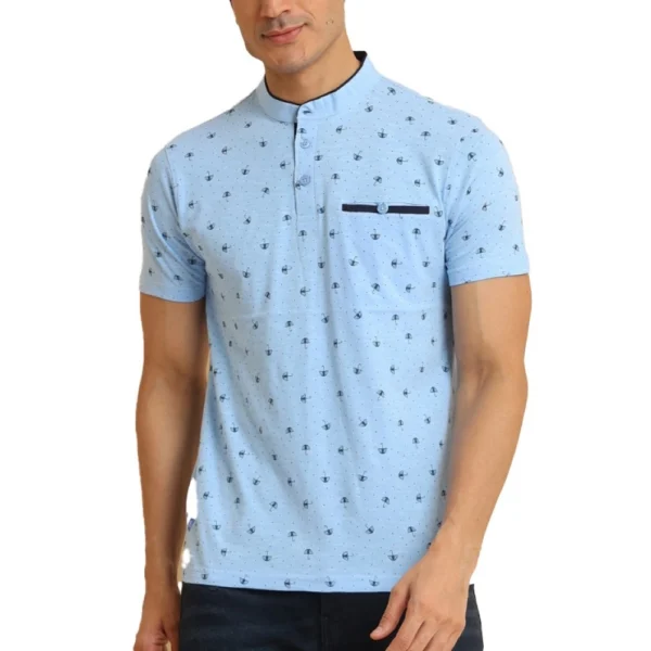 Generic Men's Casual Cotton Printed Mandarin Collar Half Sleeve T-Shirt (Skyblue)