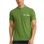 Men's Green Cotton Printed Mandarin Collar Half Sleeve T-Shirt