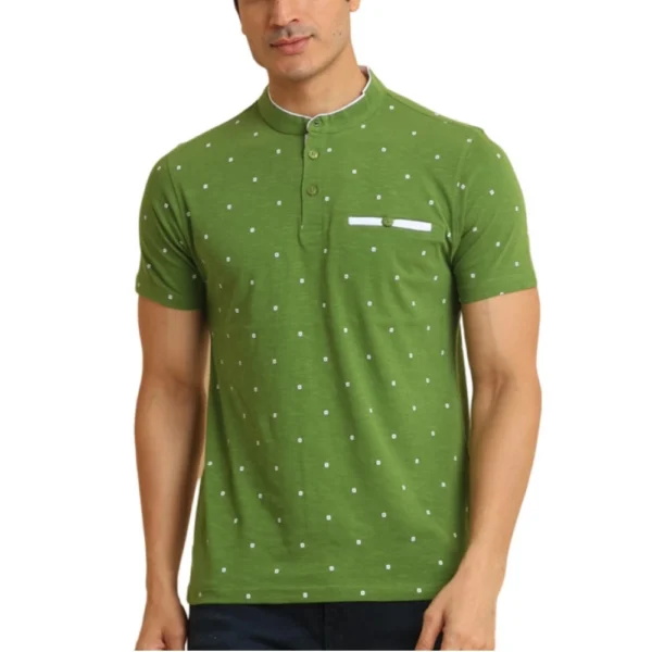 Men's Green Cotton Printed Mandarin Collar Half Sleeve T-Shirt