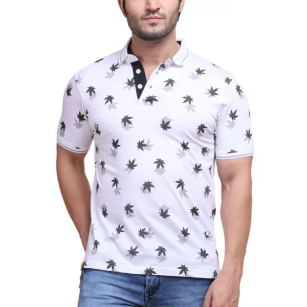 Men's White Printed Polo Neck Half Sleeve T-Shirt