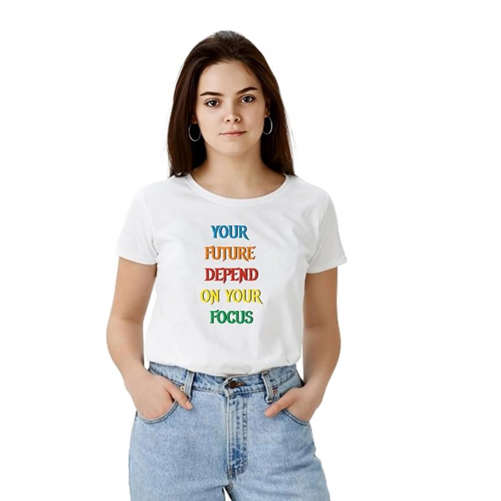 White Polyester Half Sleeve T-shirt for Women