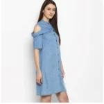 Generic Women's Denim Solid Cold Shoulder Above Knee Dress (Blue) - Image 4