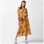 Generic Women's Polyester Floral Long Sleeves Calf-length Dress (Yellow) - Image 5