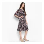 Generic Women's Polyester Floral Short Sleeve Knee-Length Dress (Black - Multicolor) - Image 4