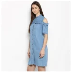 Generic Women's Denim Solid Cold Shoulder Above Knee Dress (Blue) - Image 3