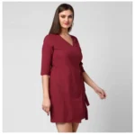 Generic Women's Cotton Solid 3-4th Sleeves Above Knee Dress (Maroon) - Image 3