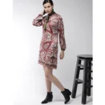 Generic Women's Polyester Printed Long Sleeves Above Knee Dress (Red) - Image 3