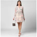 Generic Women's Polyester Printed Long Sleeves Above Knee Dress (Light Pink - Off White) - Image 6