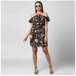 Generic Women's Polyester Floral Cold Shoulder Above Knee Dress (Black) - Image 6